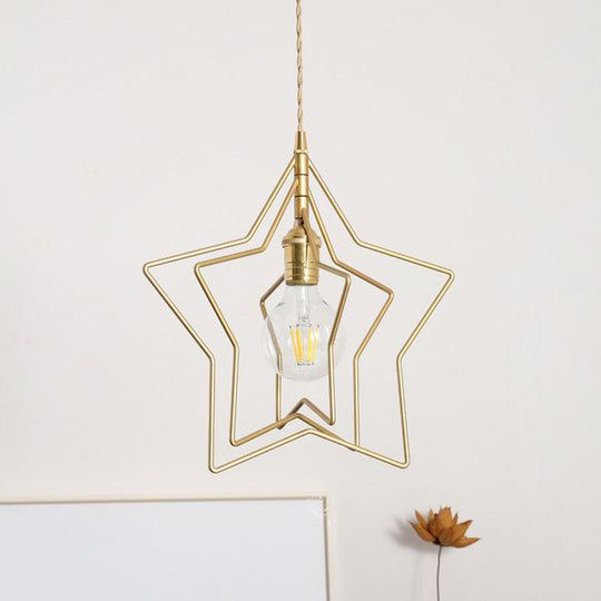 Retro Style Gold Iron Suspension Pendant Ceiling Light - Star Frame Design, Ideal for Restaurants