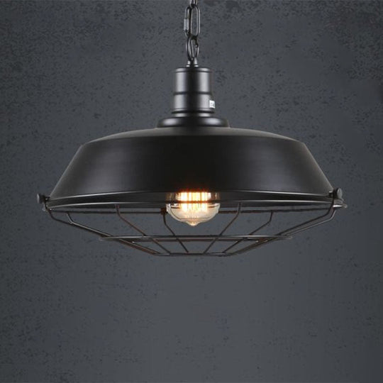 Vintage Pot Lid Iron Pendant With Cage Bottom - Industrial Hanging Lamp In Black