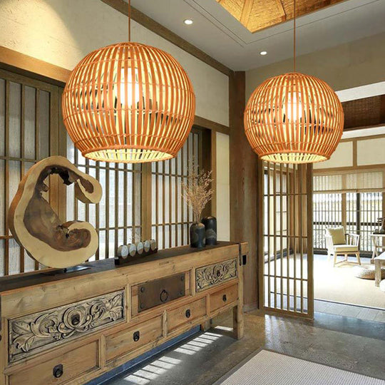South-East Asia Bamboo Globe Pendant Light For Restaurants Wood / 12