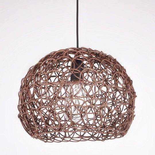 Contemporary Rattan Dome Pendant Light - Single-Bulb Restaurant Suspension Fixture