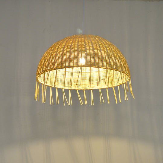 Minimalist Rattan Dome Pendant Ceiling Light For Restaurants - Wood Finish