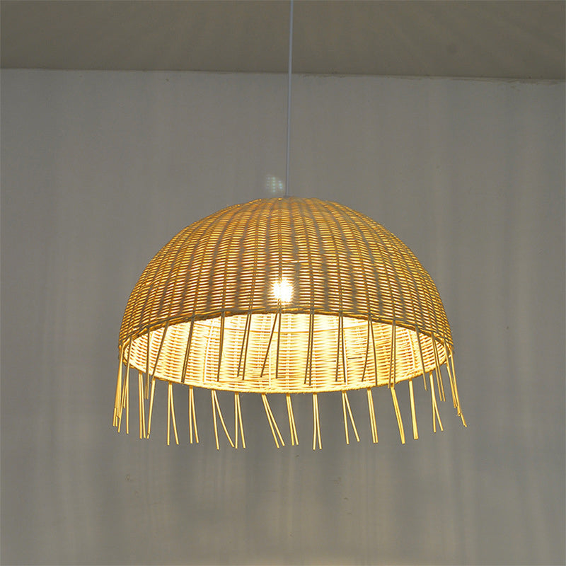 Minimalist Rattan Dome Pendant Ceiling Light For Restaurants - Wood Finish