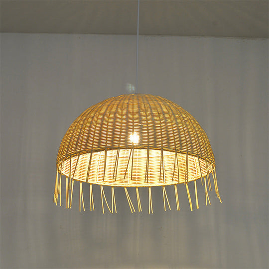 Minimalist Rattan Dome Pendant Ceiling Light For Restaurants - Wood Finish