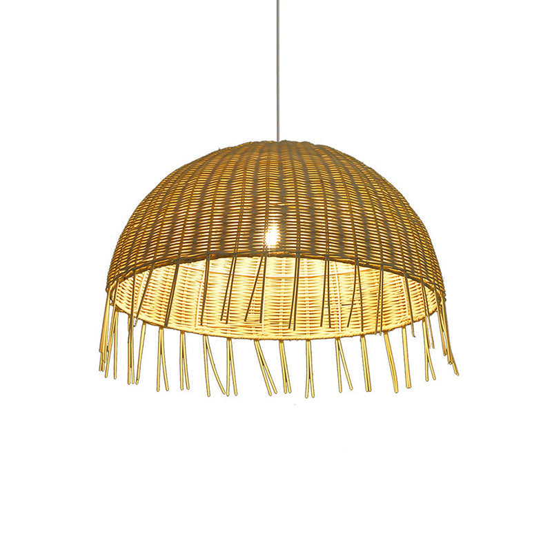 Minimalist Rattan Dome Pendant Ceiling Light For Restaurants - Wood Finish