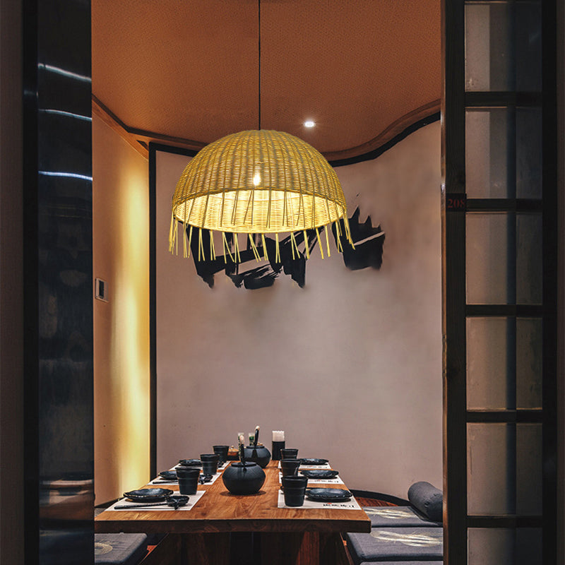 Minimalist Rattan Dome Pendant Ceiling Light For Restaurants - Wood Finish