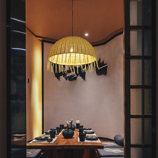 Minimalist Rattan Dome Pendant Ceiling Light For Restaurants - Wood Finish