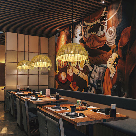 Minimalist Rattan Dome Pendant Ceiling Light For Restaurants - Wood Finish