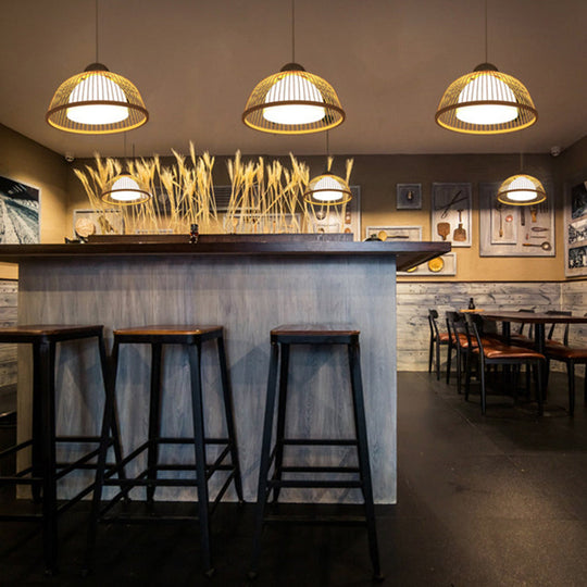 Asian Style Bamboo Ceiling Light: Hemispherical 1 Bulb Wood Hanging Lamp For Restaurants