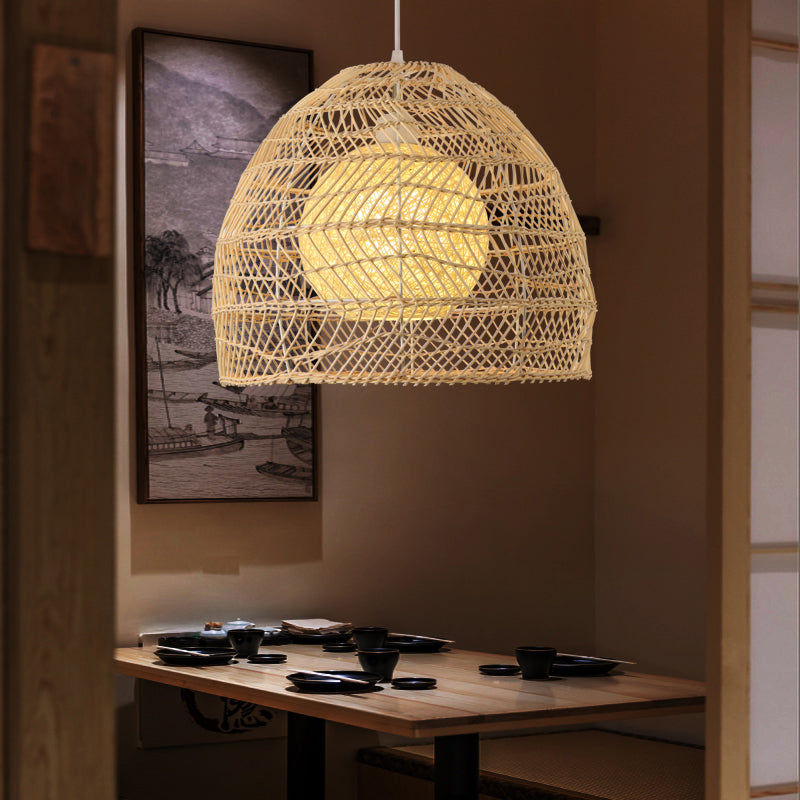 Simplicity 1-Light Rattan Bell Shade Pendant Light - Wood Suspension Lighting Fixture