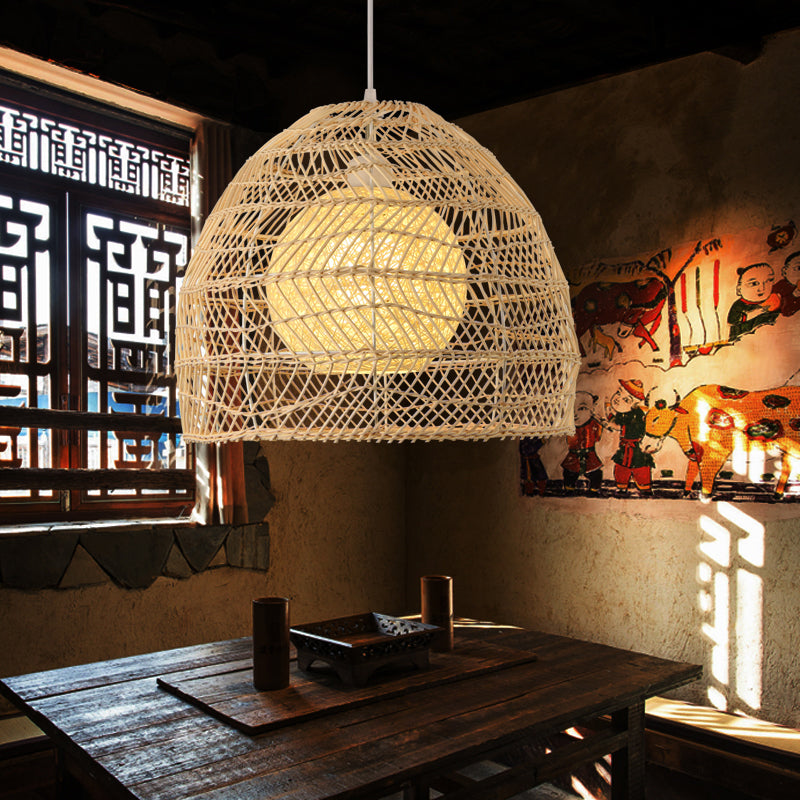 Simplicity 1-Light Rattan Bell Shade Pendant Light - Wood Suspension Lighting Fixture