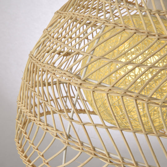 Simplicity 1-Light Rattan Bell Shade Pendant Light - Wood Suspension Lighting Fixture