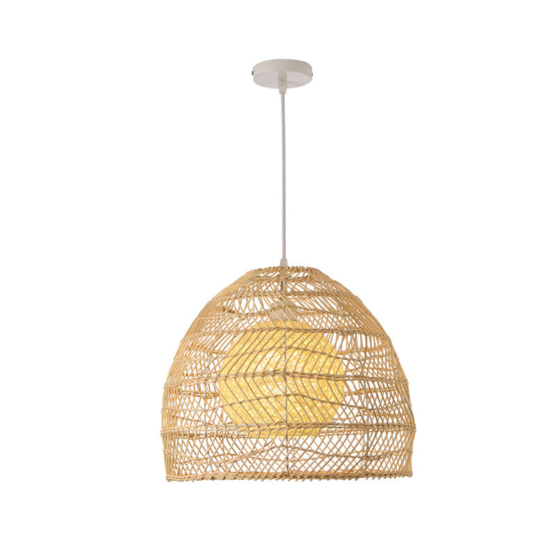 Simplicity 1-Light Rattan Bell Shade Pendant Light - Wood Suspension Lighting Fixture