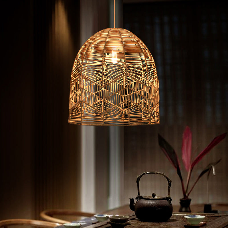 Rattan Wood Hanging Lamp - Asian Style Elongated Ceiling Light For Tea Room