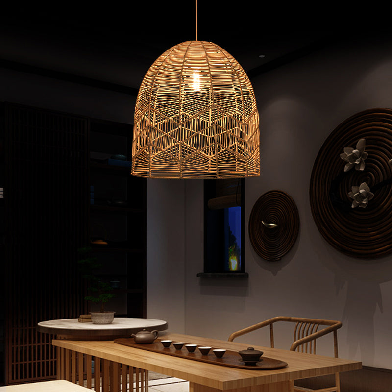 Rattan Wood Hanging Lamp - Asian Style Elongated Ceiling Light For Tea Room