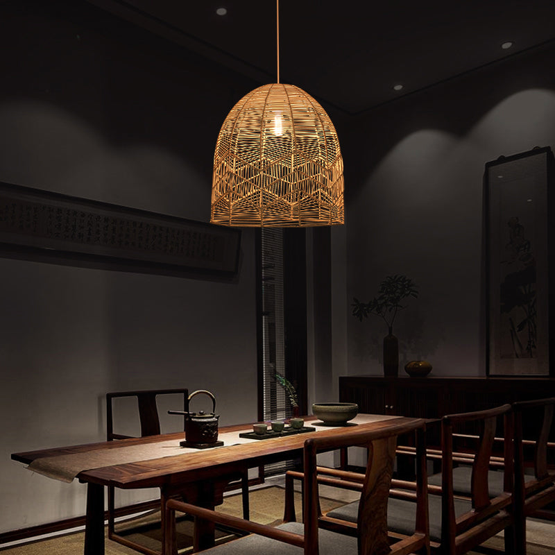 Rattan Wood Hanging Lamp - Asian Style Elongated Ceiling Light For Tea Room