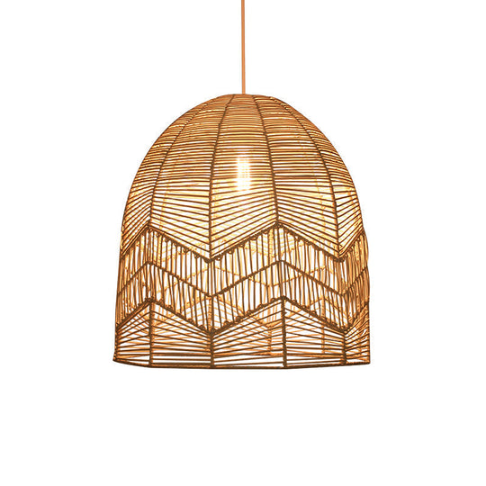 Rattan Wood Hanging Lamp - Asian Style Elongated Ceiling Light For Tea Room