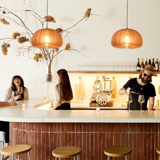 Asian Style Wooden Dome Ceiling Light – 1-Bulb Hanging Fixture for Restaurants