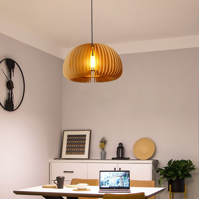 Asian Style Wooden Dome Ceiling Light – 1-Bulb Hanging Fixture for Restaurants