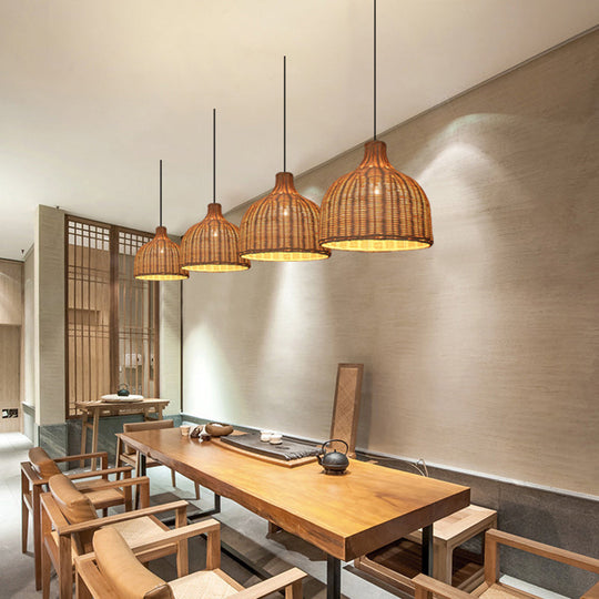 Contemporary Rattan Pendant Light With Bell Shade - Single-Bulb Wood Suspension Fixture