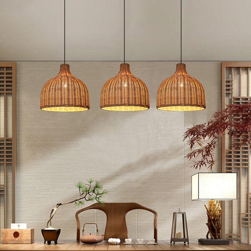 Contemporary Rattan Pendant Light With Bell Shade - Single-Bulb Wood Suspension Fixture