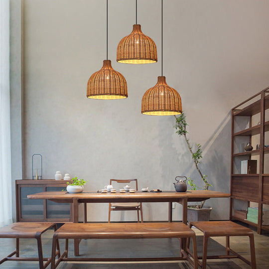 Contemporary Rattan Pendant Light With Bell Shade - Single-Bulb Wood Suspension Fixture