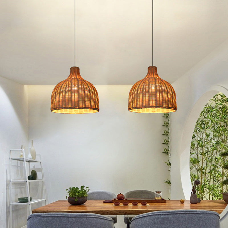 Contemporary Rattan Pendant Light With Bell Shade - Single-Bulb Wood Suspension Fixture