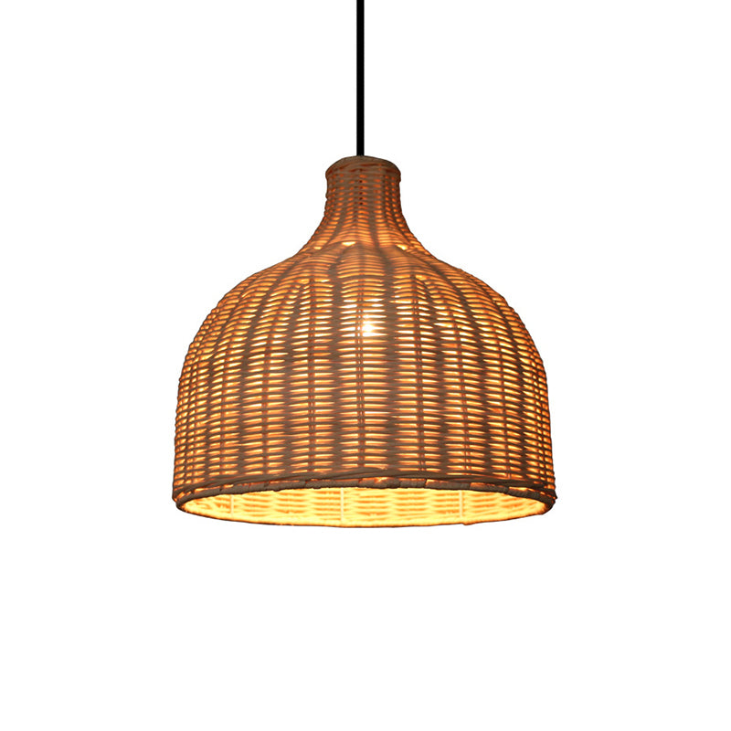 Contemporary Rattan Pendant Light With Bell Shade - Single-Bulb Wood Suspension Fixture