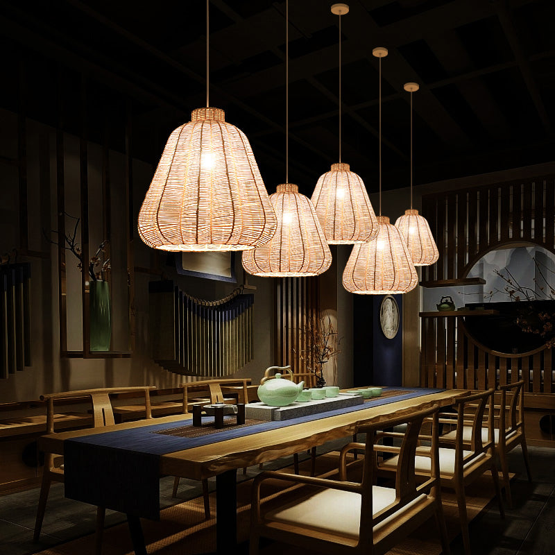 Asian-Style Rattan Hanging Lamp: Tapered Ceiling Lighting With Wood Frame - Ideal For Restaurants (1