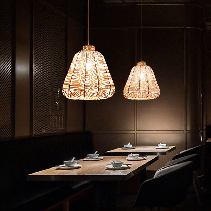 Asian-Style Rattan Hanging Lamp: Tapered Ceiling Lighting With Wood Frame - Ideal For Restaurants (1