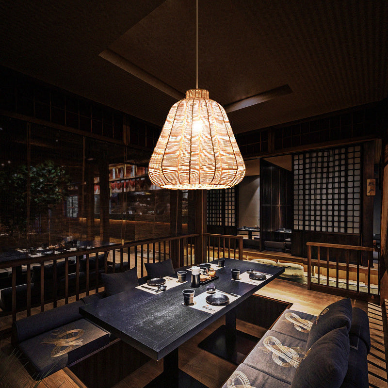 Asian-Style Rattan Hanging Lamp: Tapered Ceiling Lighting With Wood Frame - Ideal For Restaurants (1