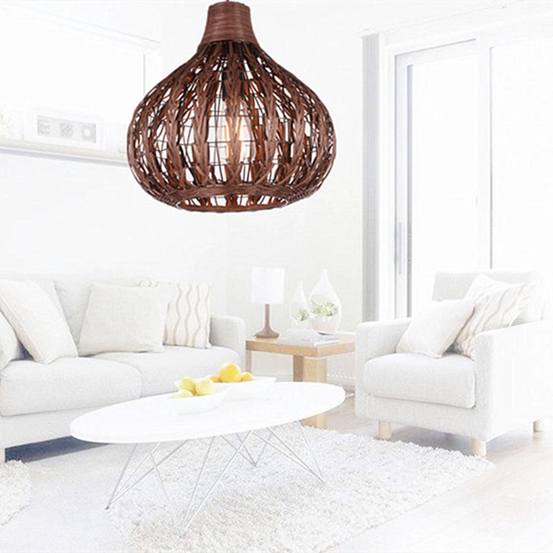 Shaded Onion Ceiling Light - Asian Style Rattan Restaurant Hanging Fixture Coffee