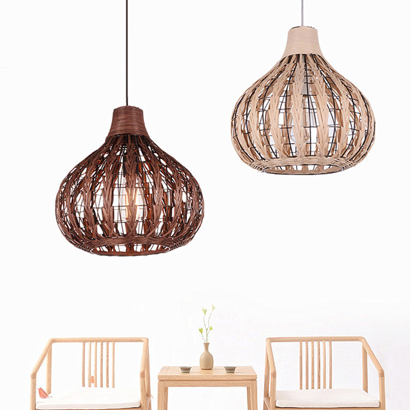 Shaded Onion Ceiling Light - Asian Style Rattan Restaurant Hanging Fixture
