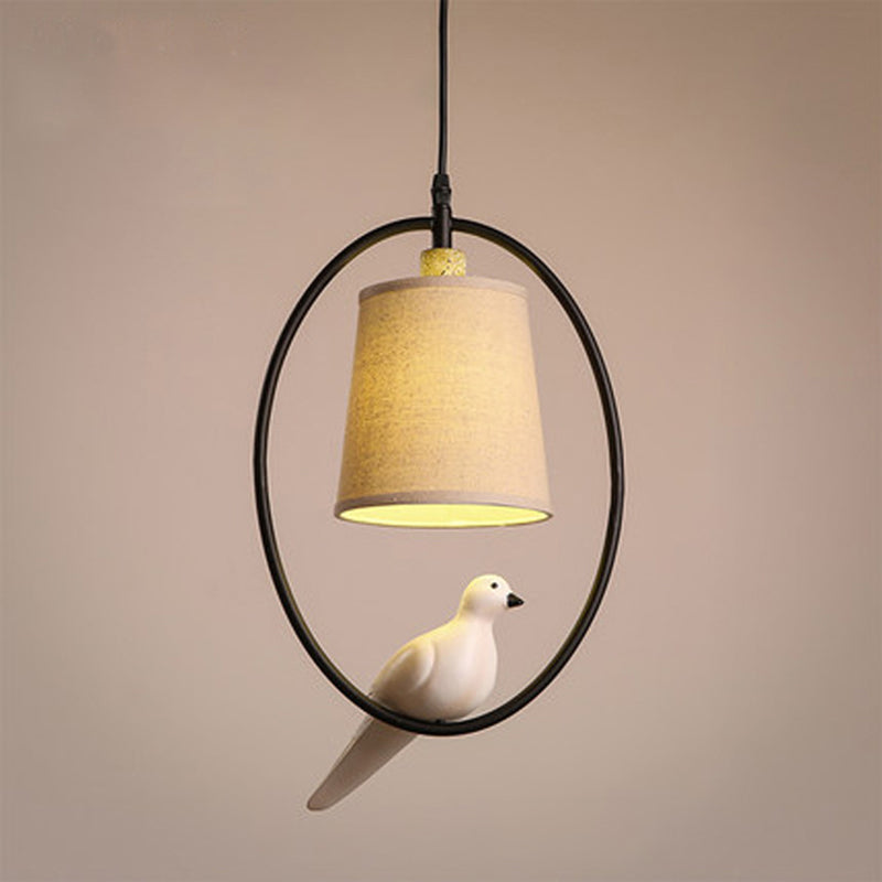 Vintage Fabric Pendant Light With Resin Bird Decor In White 1 /