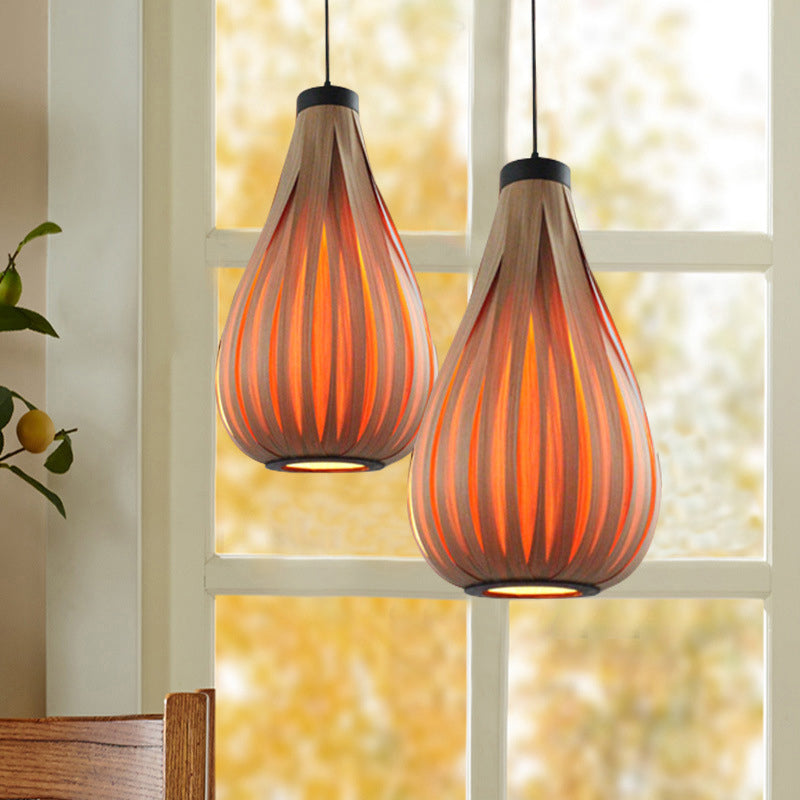 Minimalist Single-Bulb Wood Pendant Ceiling Light - Orange Teardrop Suspension Lighting
