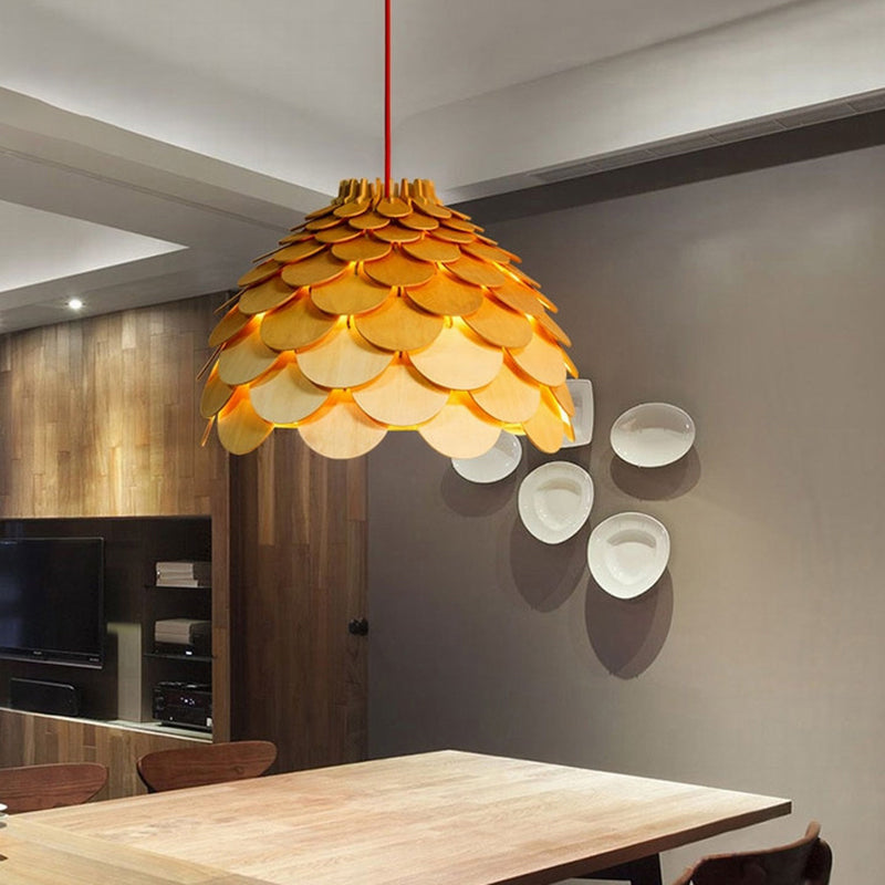 Simplicity Wood Pendant Light With Pinecone Shade For Tea Rooms
