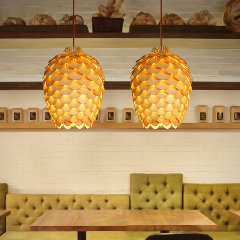 Simplicity Wood Pendant Light With Pinecone Shade For Tea Rooms