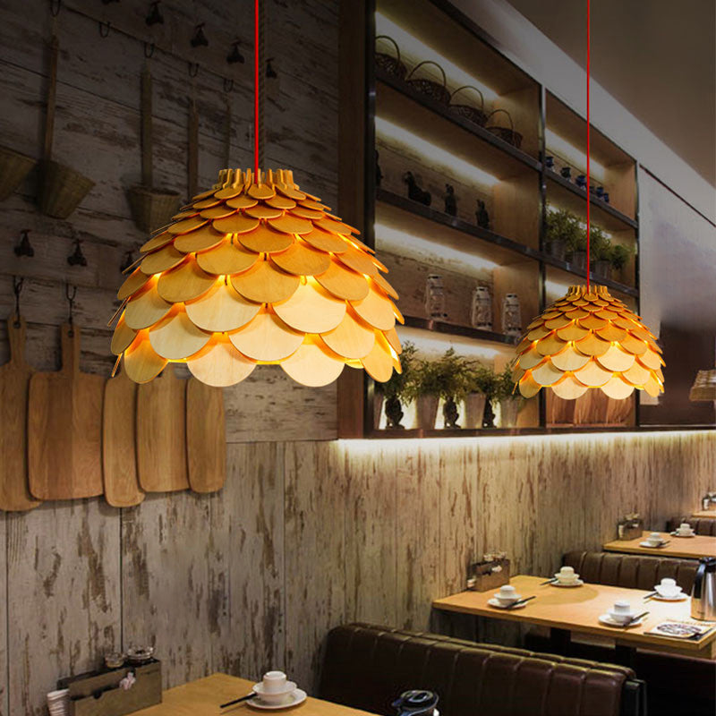 Simplicity Wood Pendant Light With Pinecone Shade For Tea Rooms