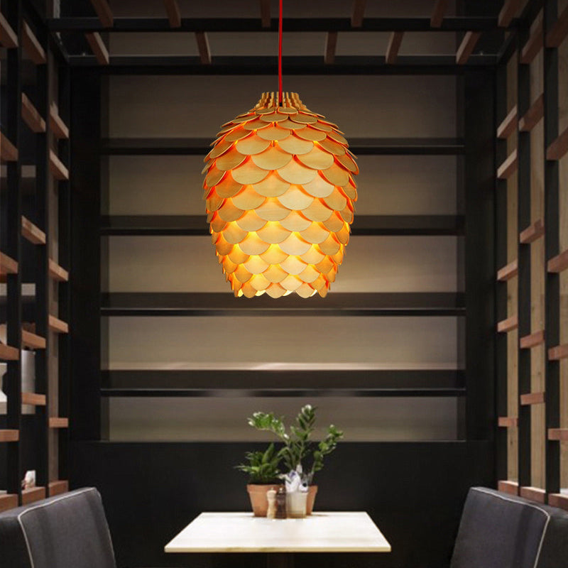 Simplicity Wood Pendant Light With Pinecone Shade For Tea Rooms