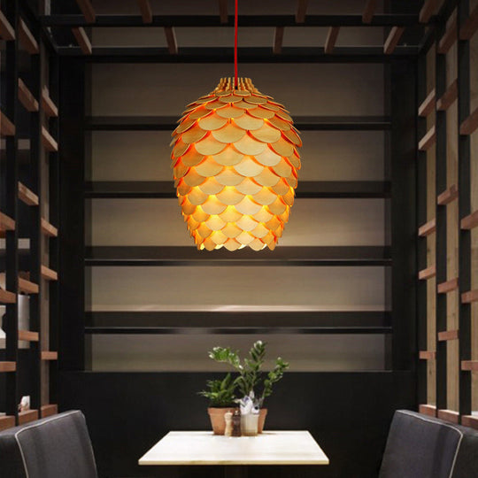Simplicity Wood Pendant Light With Pinecone Shade For Tea Rooms