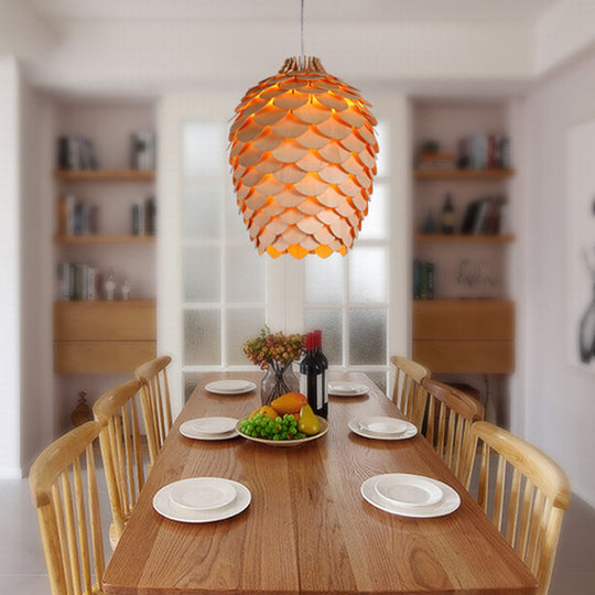 Simplicity Wood Pendant Light With Pinecone Shade For Tea Rooms