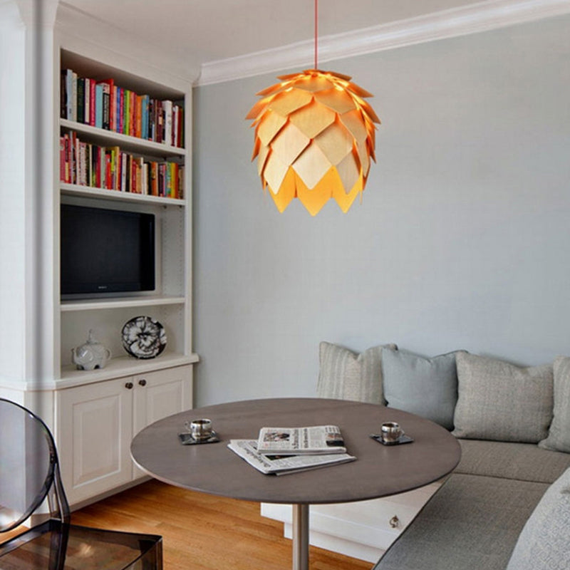 Simplicity Wood Pendant Light With Pinecone Shade For Tea Rooms