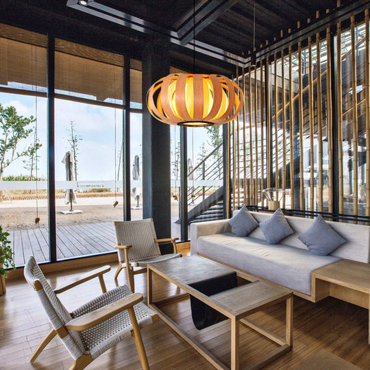 Modern Wood Pendant Light - Rounded Drum Shape Ideal For Restaurants