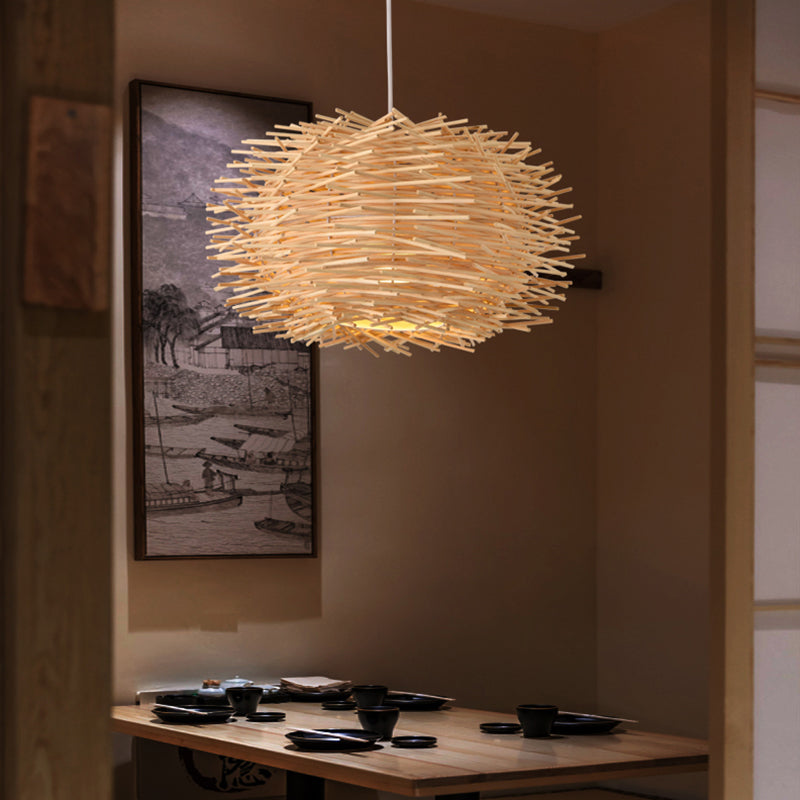 Simplicity Rattan Bird Nest Suspension Light - Wood Restaurant Pendant (1-Light)