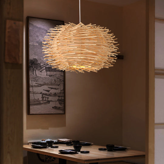 Simplicity Rattan Bird Nest Suspension Light - Wood Restaurant Pendant (1-Light)