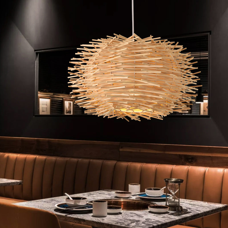 Simplicity Rattan Bird Nest Suspension Light - Wood Restaurant Pendant (1-Light)