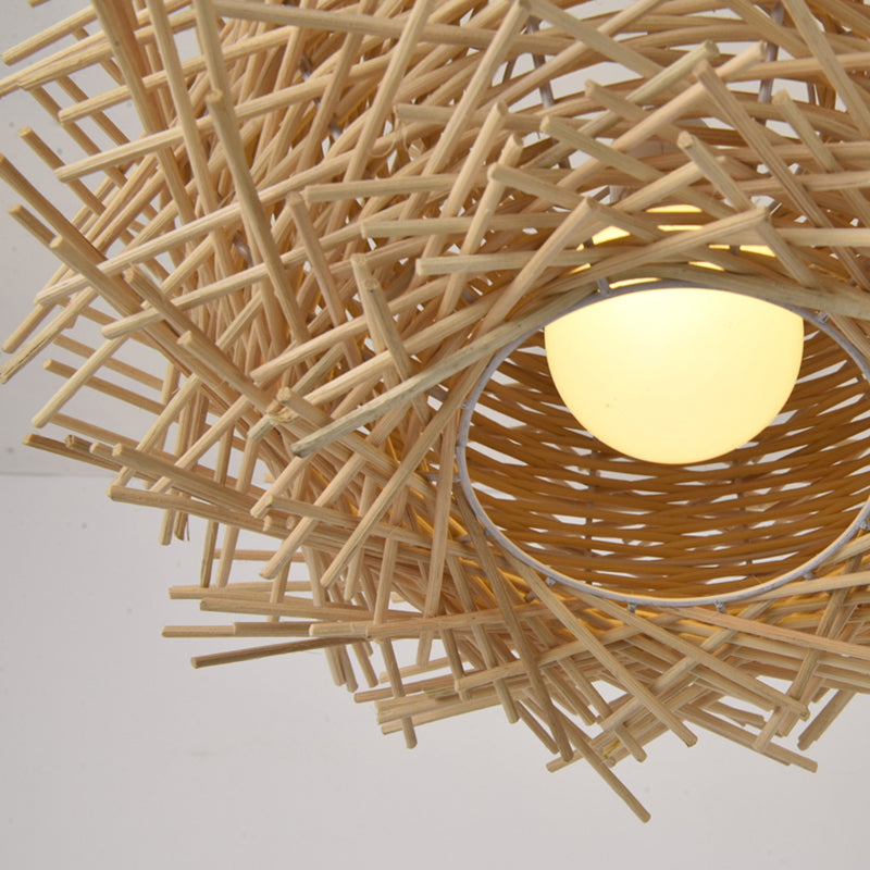 Simplicity Rattan Bird Nest Suspension Light - Wood Restaurant Pendant (1-Light)