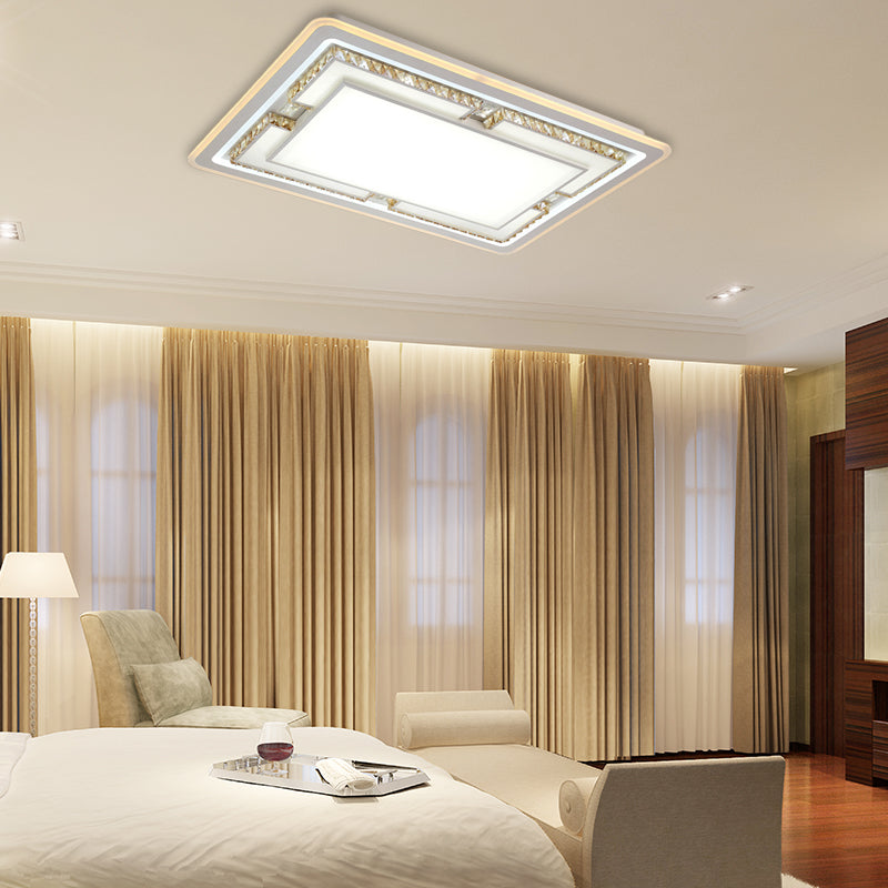 White Crystal LED Ceiling Light Fixture - Minimalist Rectangular Flush Mount