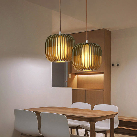 Modern Asian Bird Cage Ceiling Light - Wooden Single Pendant Lamp For Restaurants In Yellow-Green