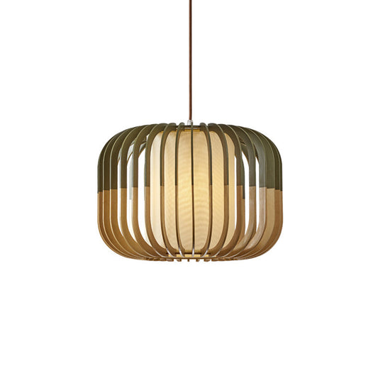 Modern Asian Bird Cage Ceiling Light - Wooden Single Pendant Lamp For Restaurants In Yellow-Green