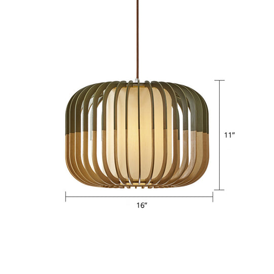 Modern Asian Bird Cage Ceiling Light - Wooden Single Pendant Lamp For Restaurants In Yellow-Green